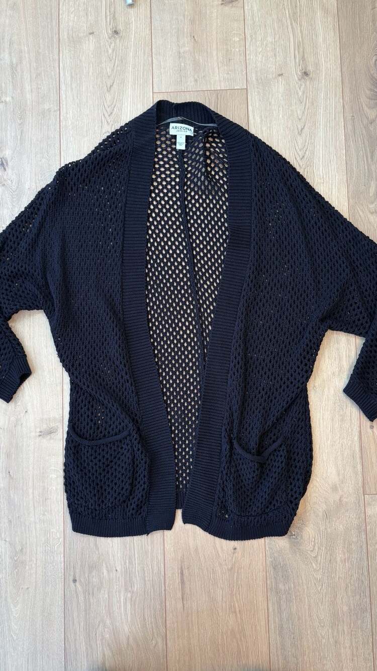 Arizona Jean Co Open Front Crochet Cardigan Size M Black Cotton